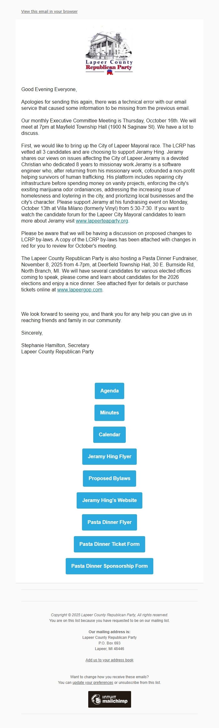 Screenshot of the email generated on import