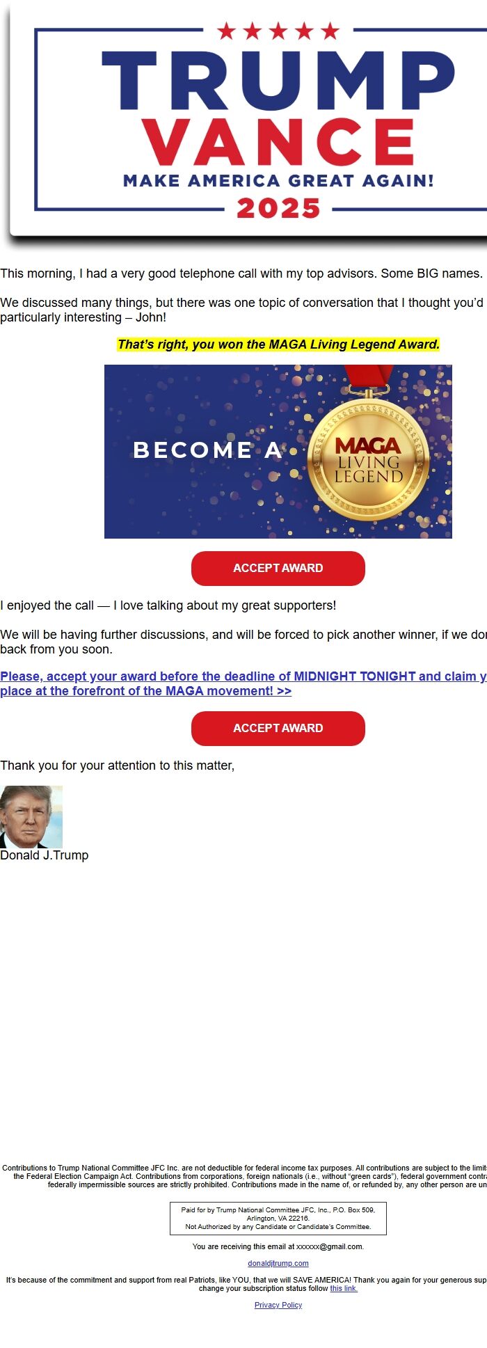 Screenshot of the email generated on import