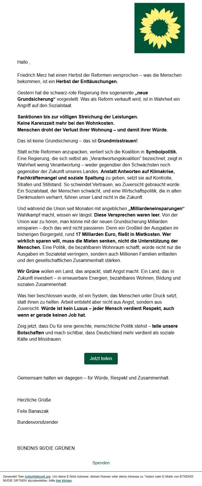 Screenshot of the email generated on import