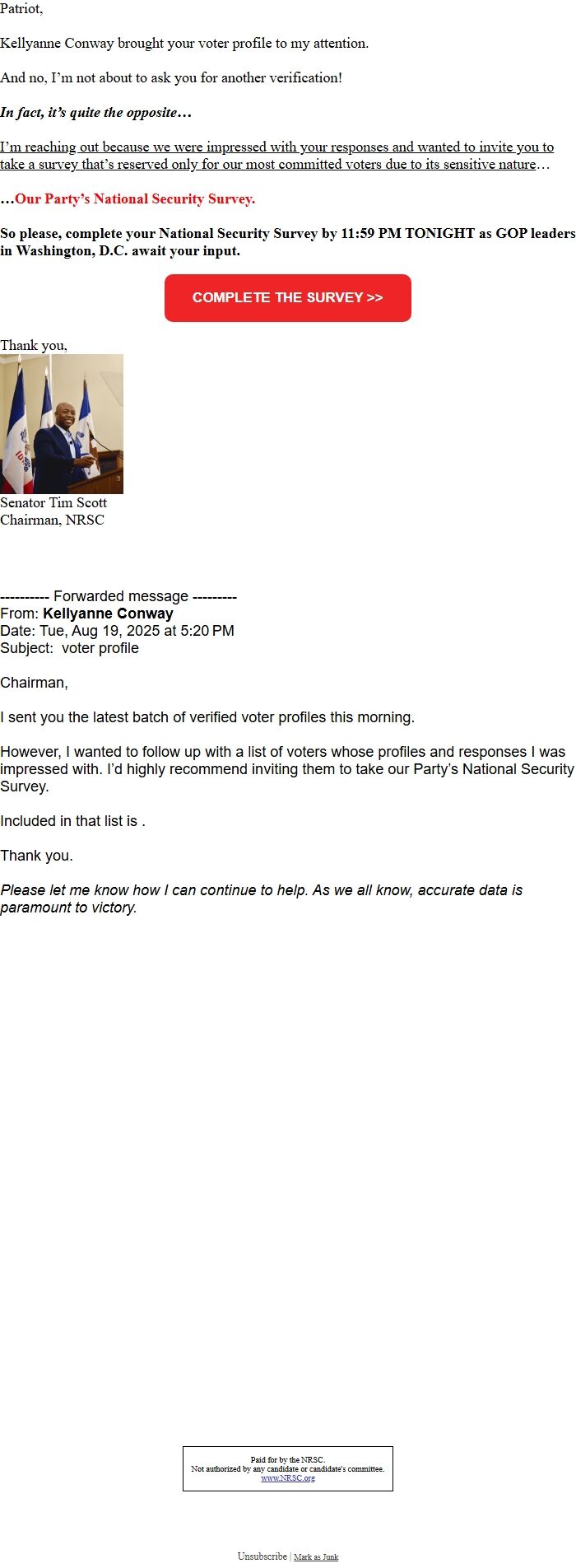 Screenshot of the email generated on import