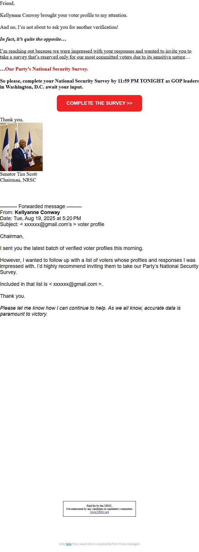 Screenshot of the email generated on import
