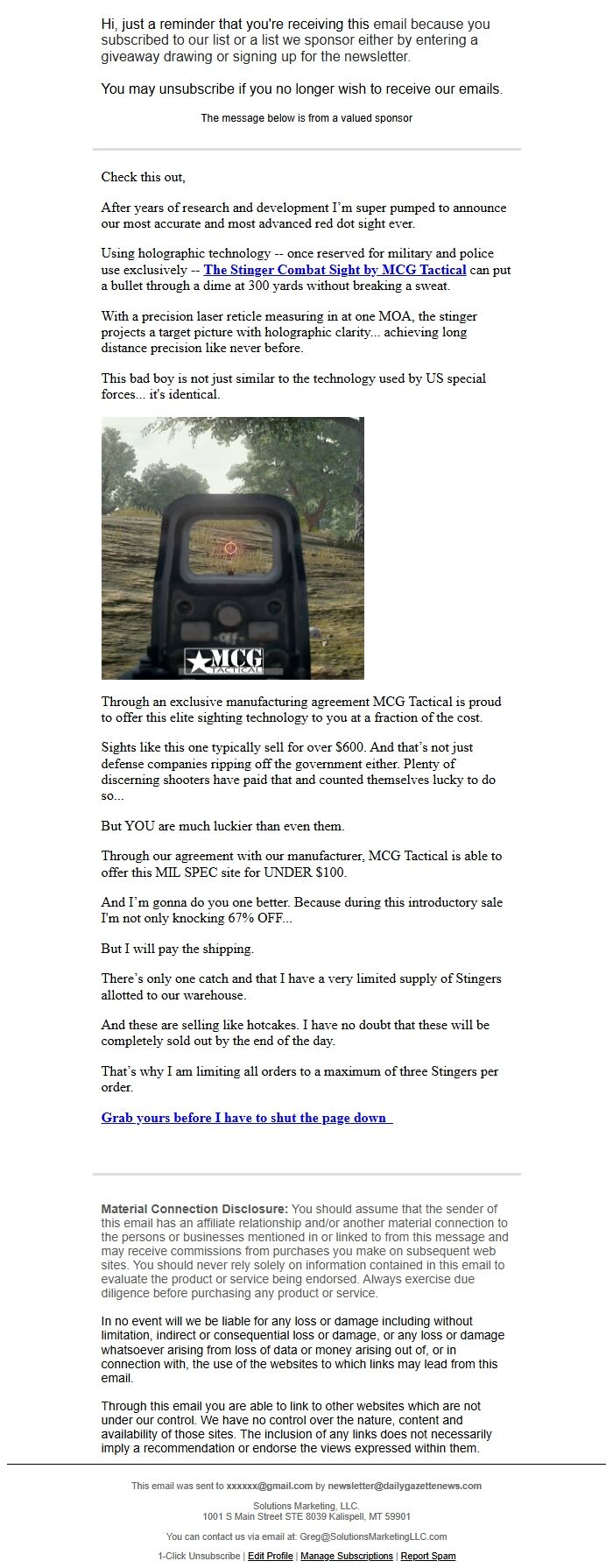 Screenshot of the email generated on import