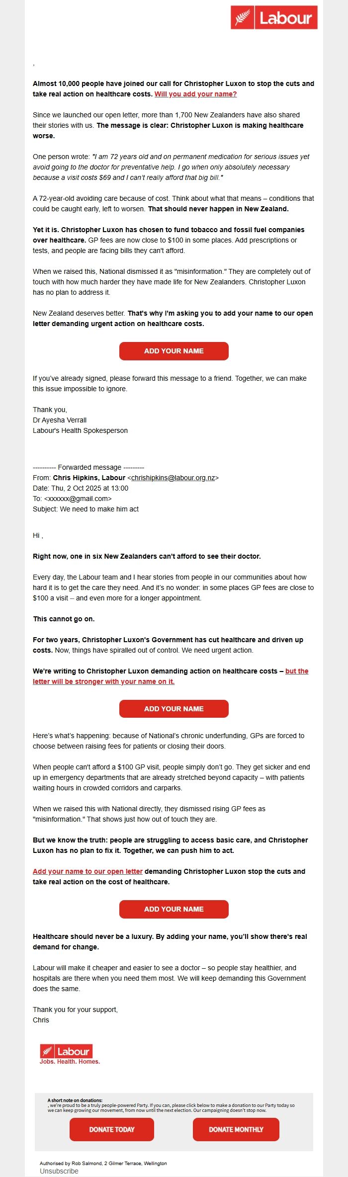 Screenshot of the email generated on import
