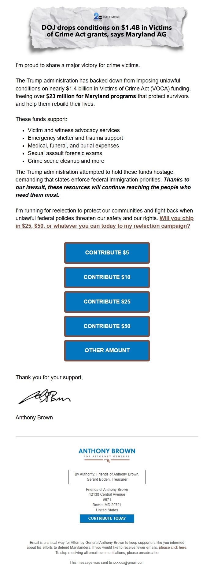 Screenshot of the email generated on import