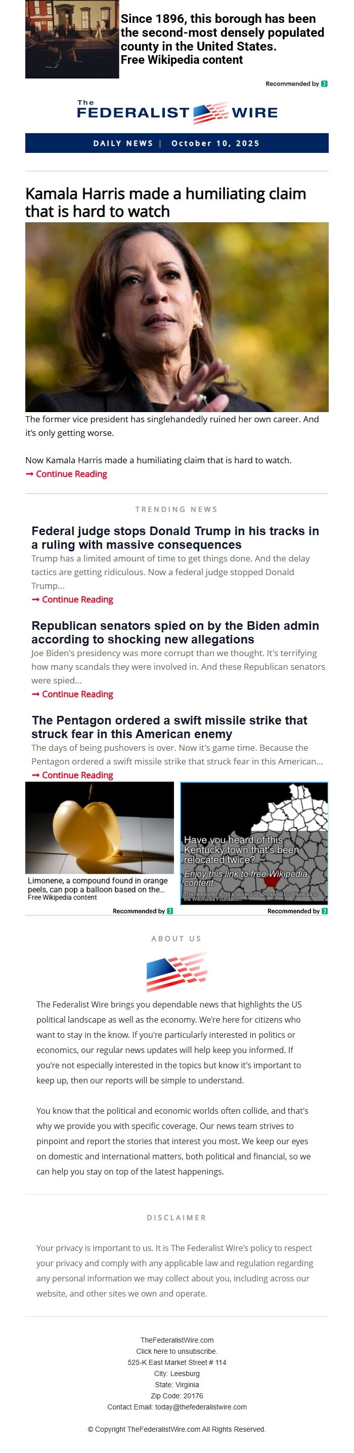Screenshot of the email generated on import