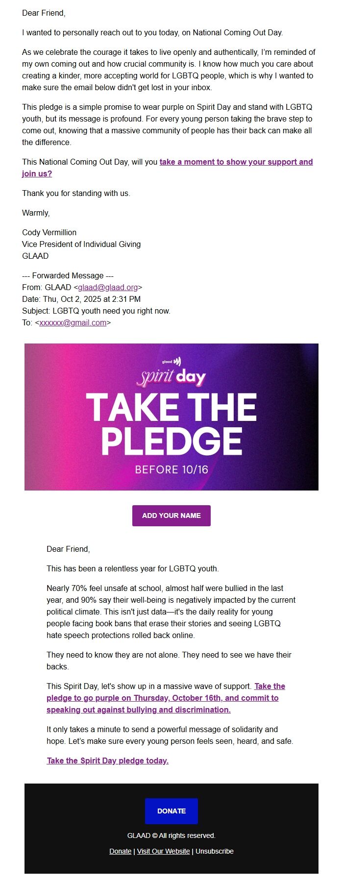 Screenshot of the email generated on import