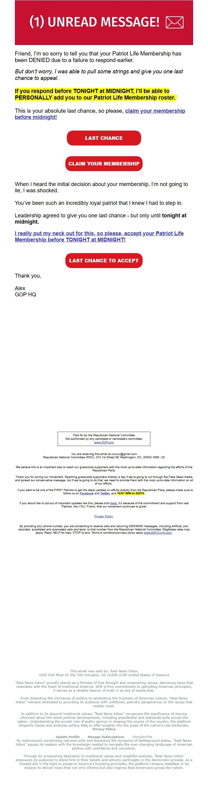 Screenshot of the email generated on import
