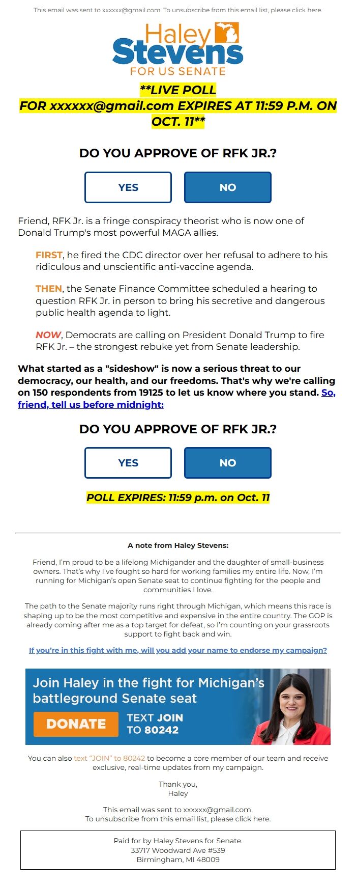 Screenshot of the email generated on import