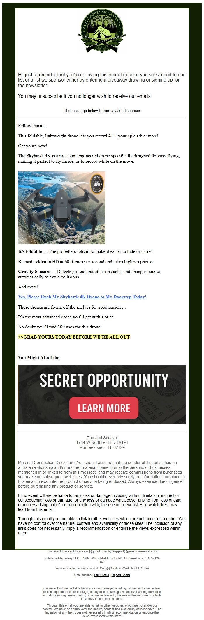 Screenshot of the email generated on import