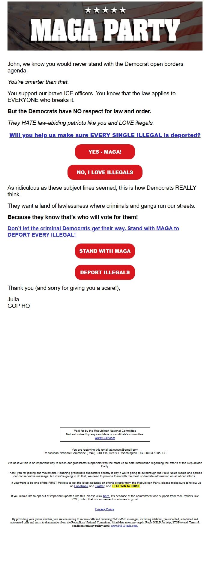 Screenshot of the email generated on import