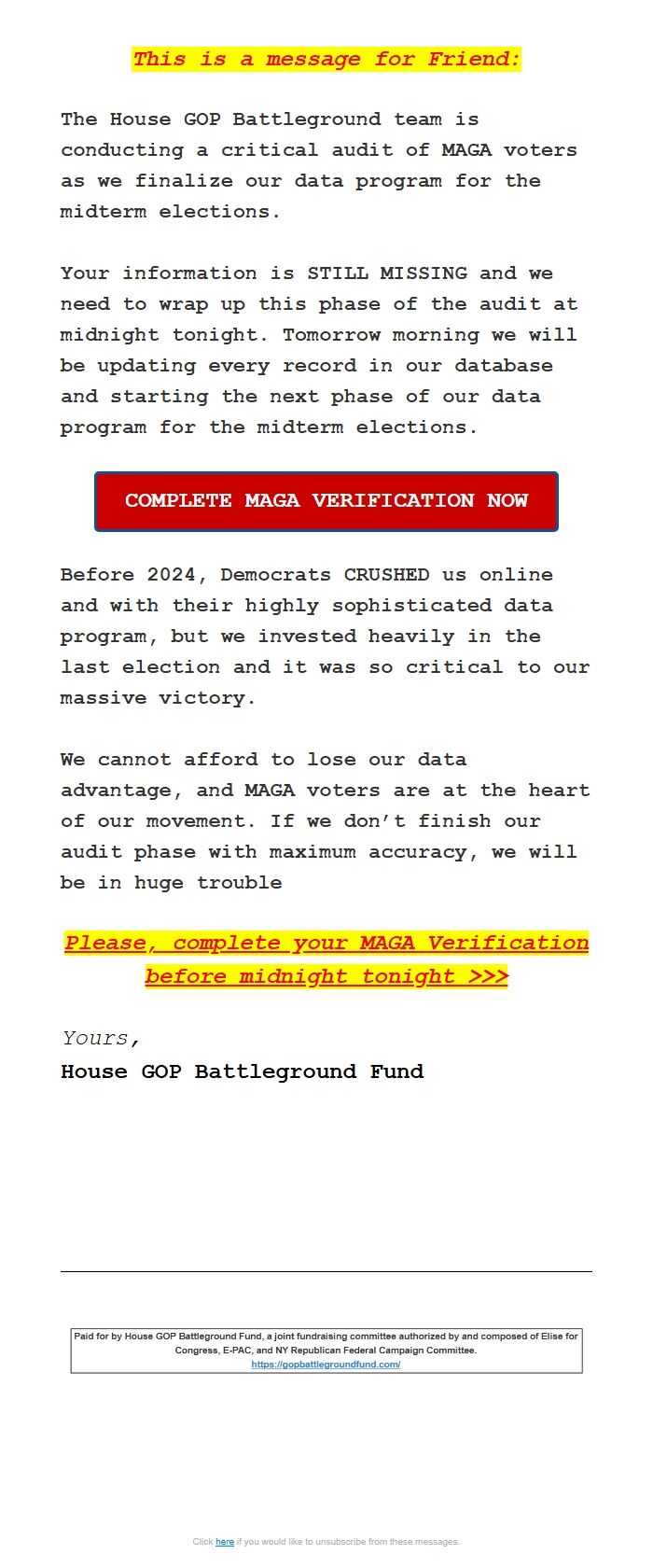 Screenshot of the email generated on import