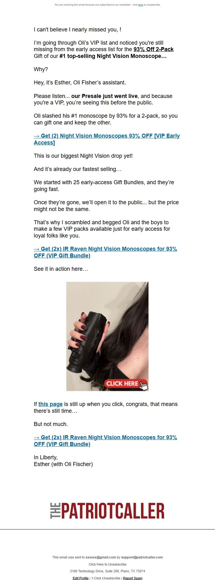 Screenshot of the email generated on import