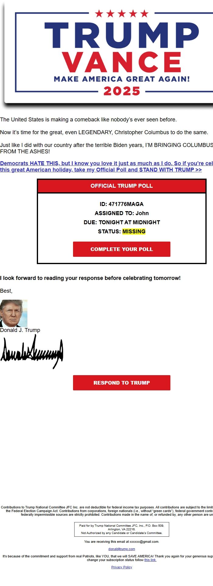 Screenshot of the email generated on import