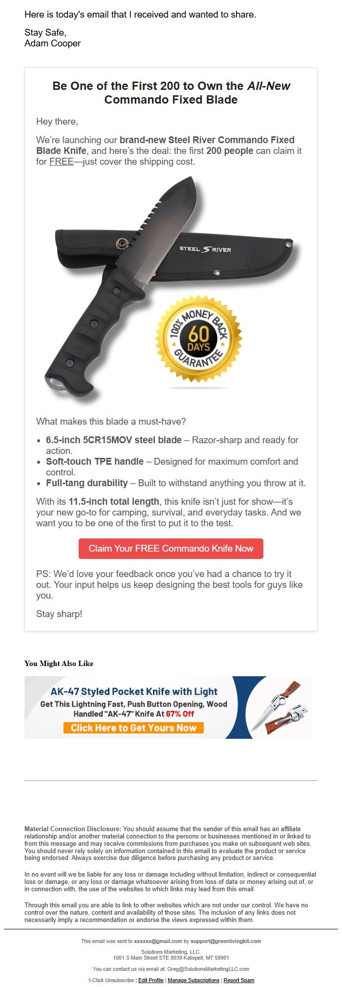 Screenshot of the email generated on import