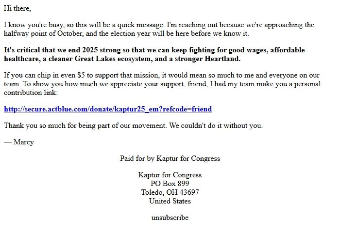 Screenshot of the email generated on import