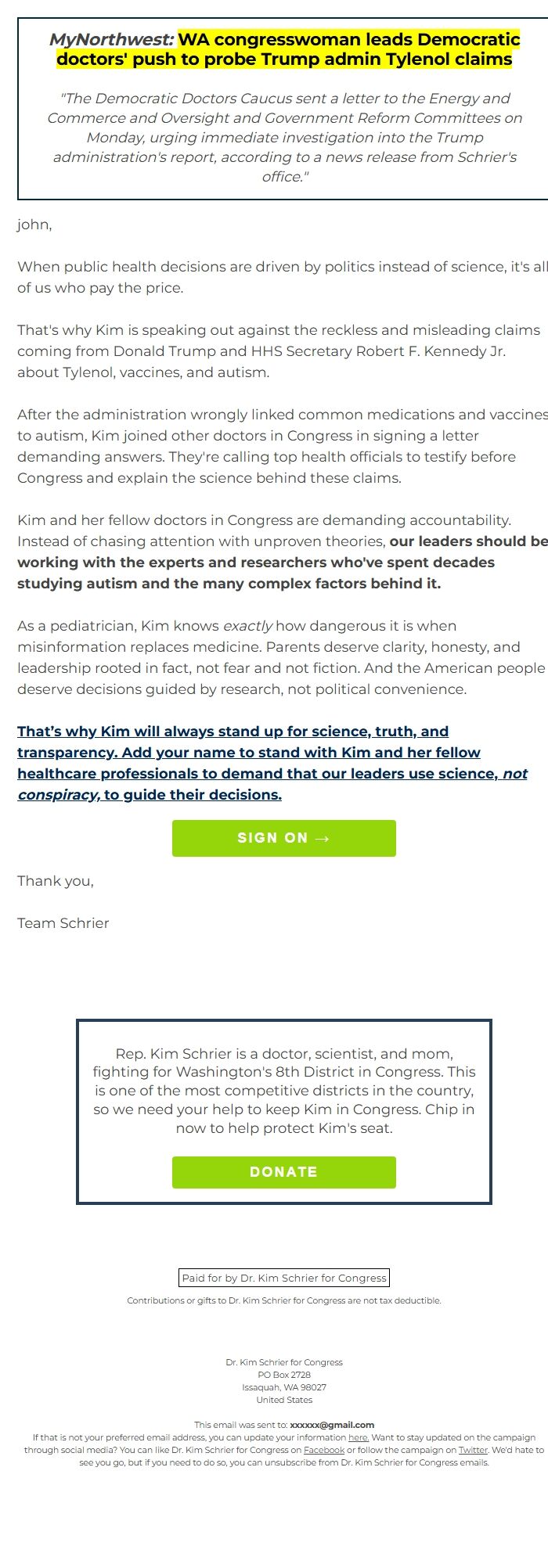 Screenshot of the email generated on import