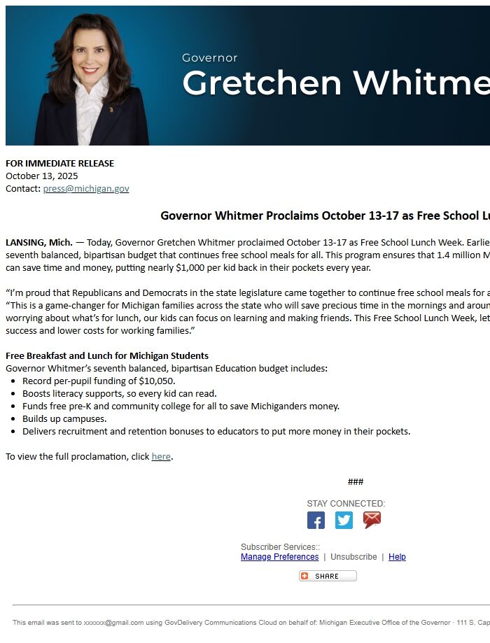 Screenshot of the email generated on import