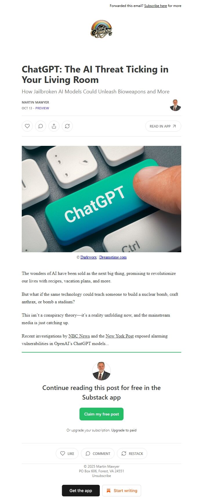 Screenshot of the email generated on import