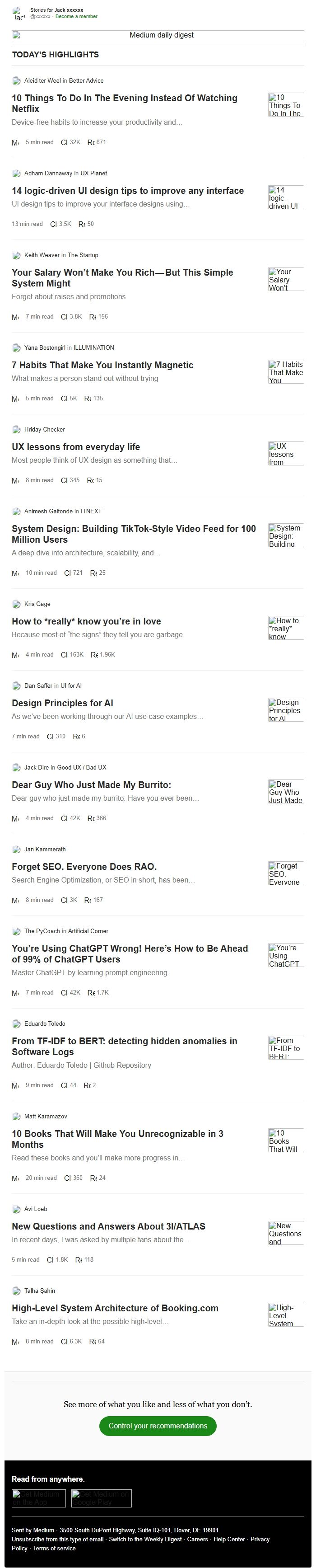 Screenshot of the email generated on import