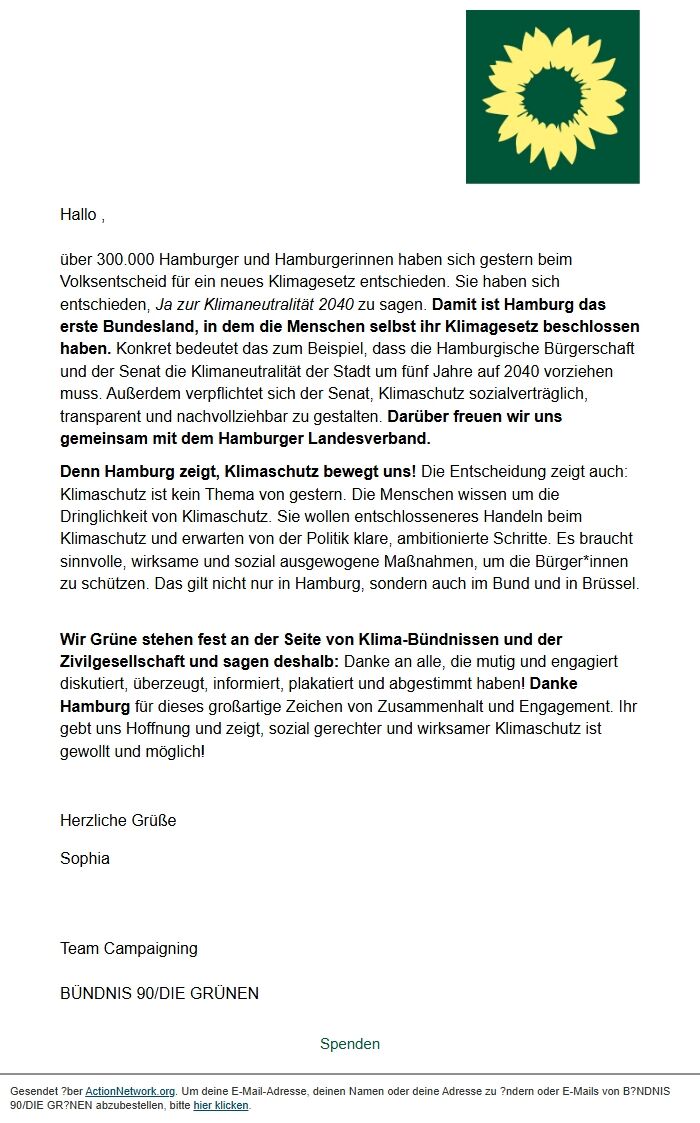 Screenshot of the email generated on import