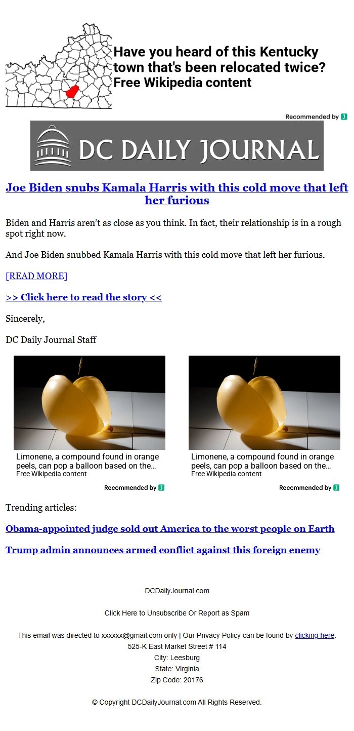 Screenshot of the email generated on import