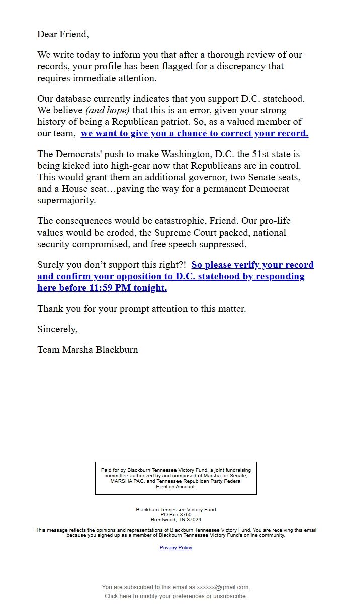 Screenshot of the email generated on import