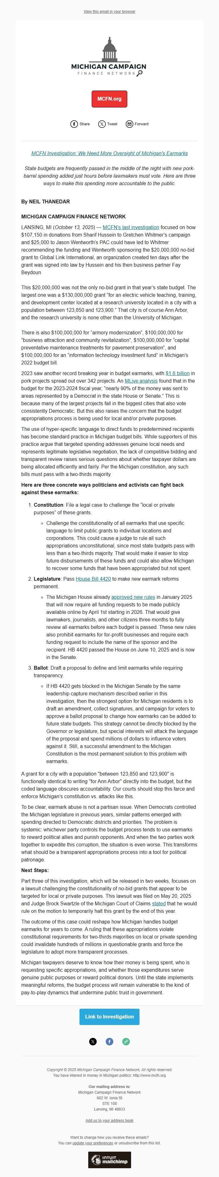 Screenshot of the email generated on import