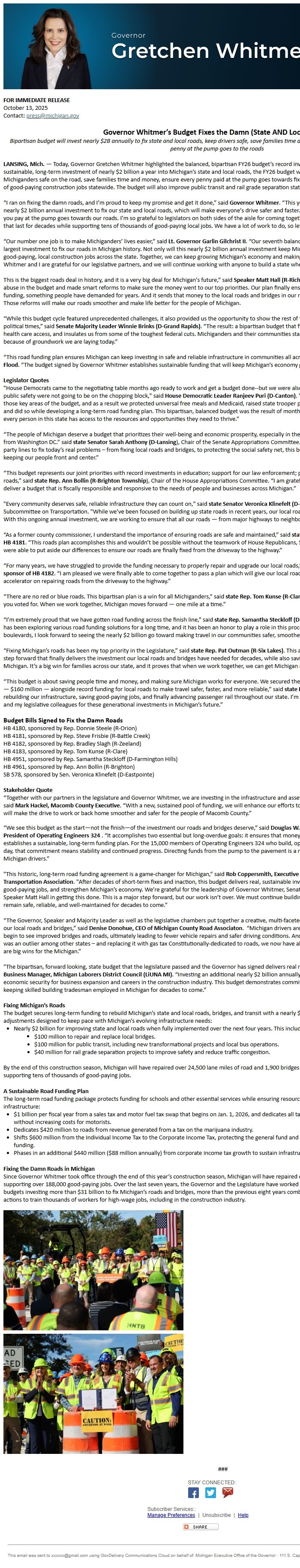 Screenshot of the email generated on import