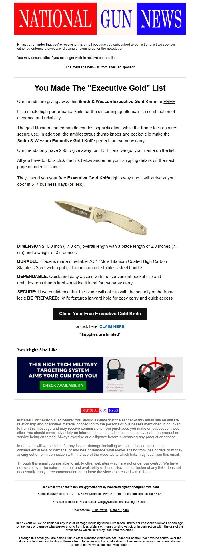 Screenshot of the email generated on import