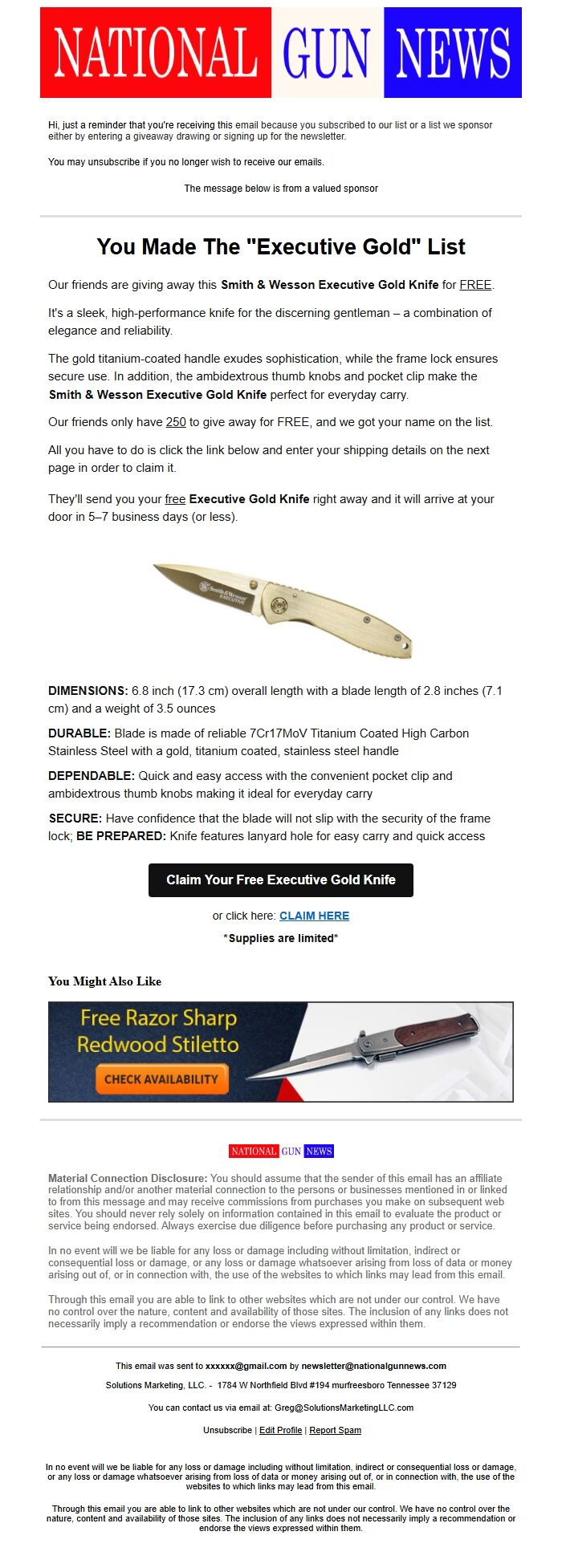 Screenshot of the email generated on import