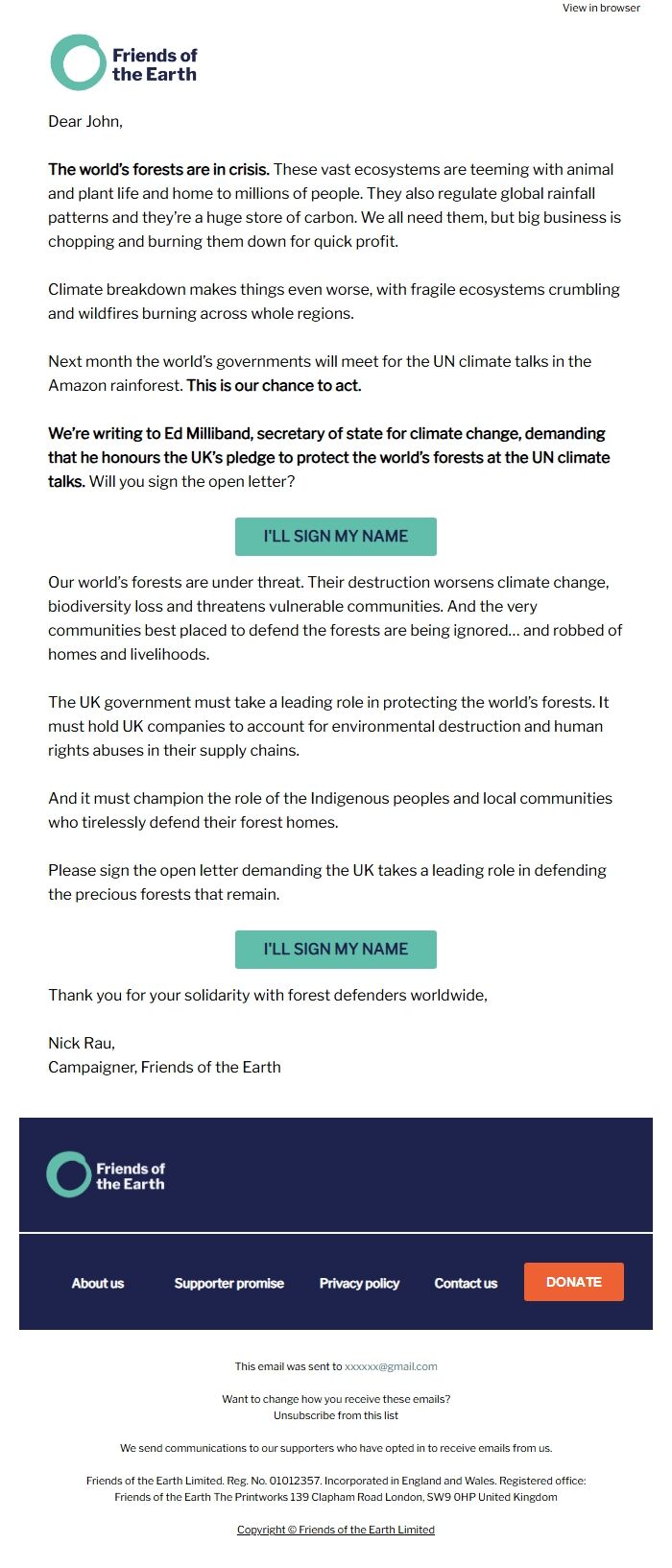 Screenshot of the email generated on import