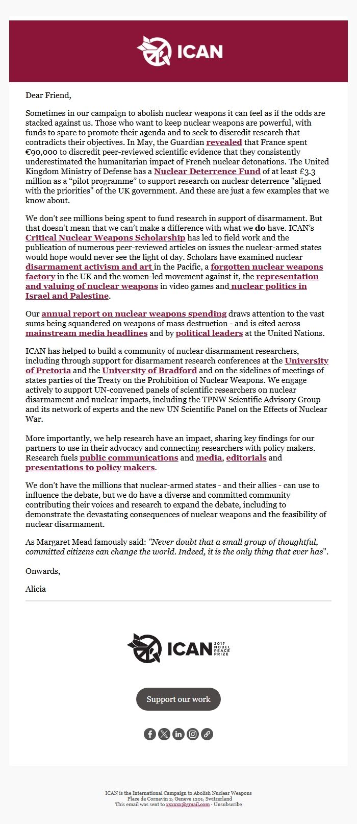 Screenshot of the email generated on import