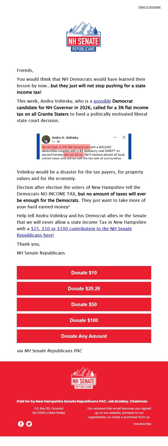 Screenshot of the email generated on import
