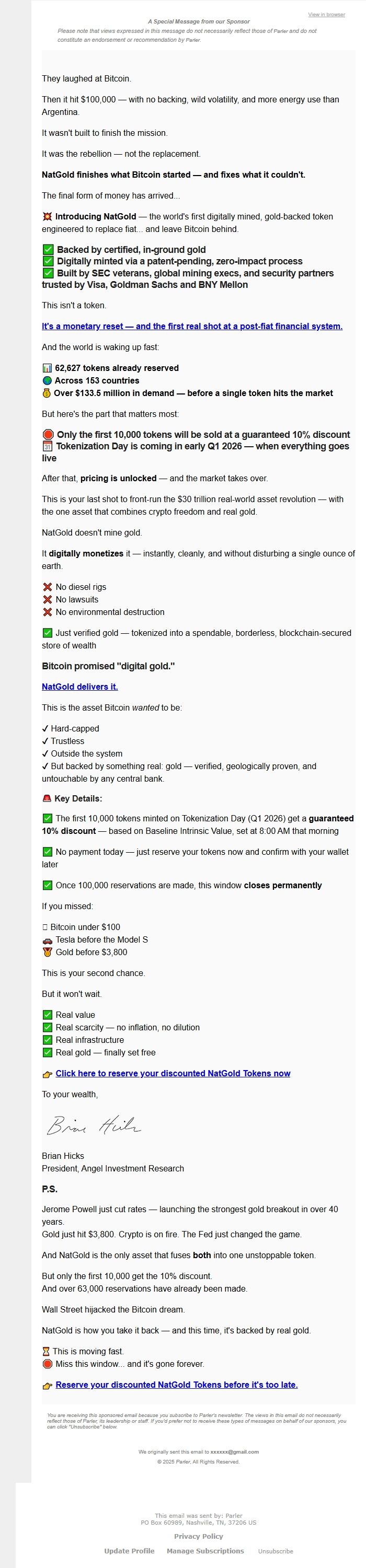 Screenshot of the email generated on import