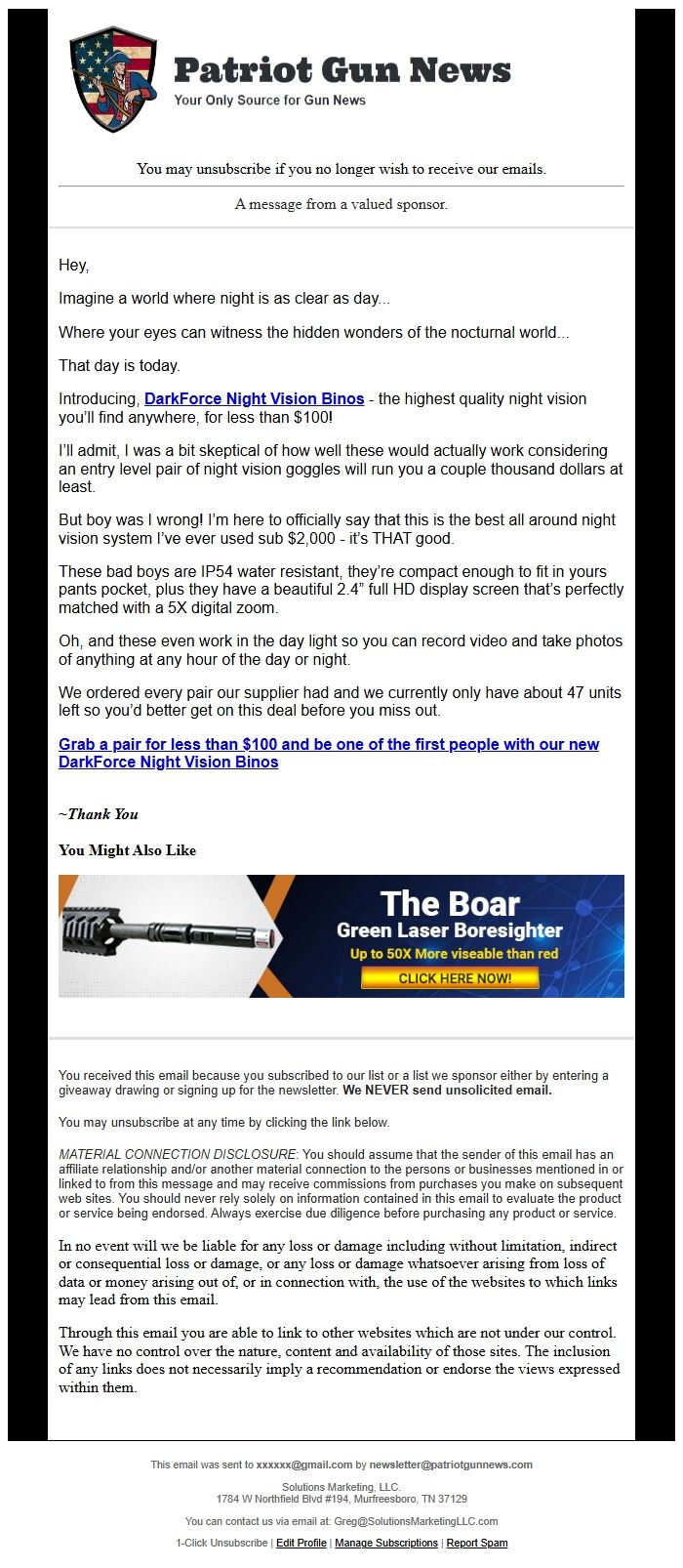 Screenshot of the email generated on import