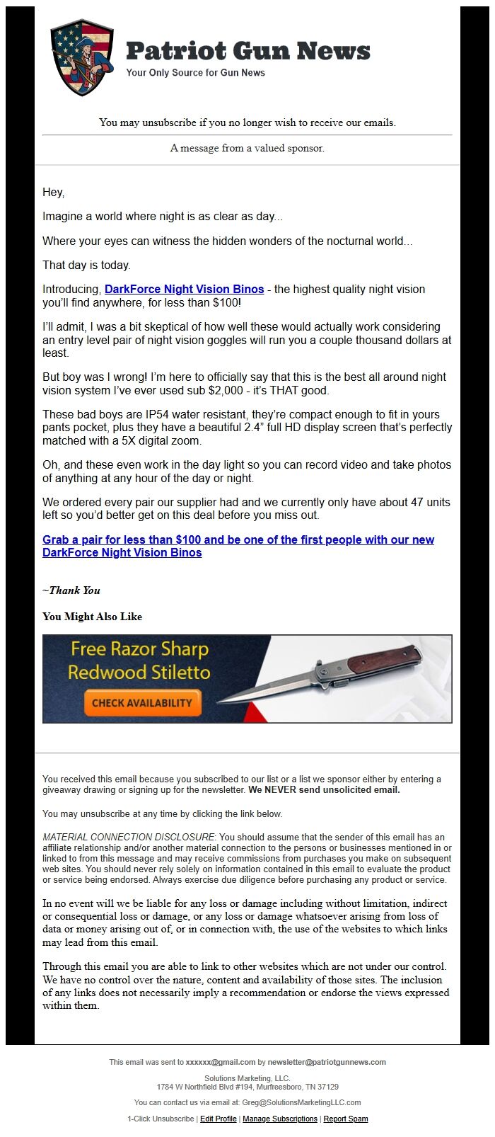 Screenshot of the email generated on import