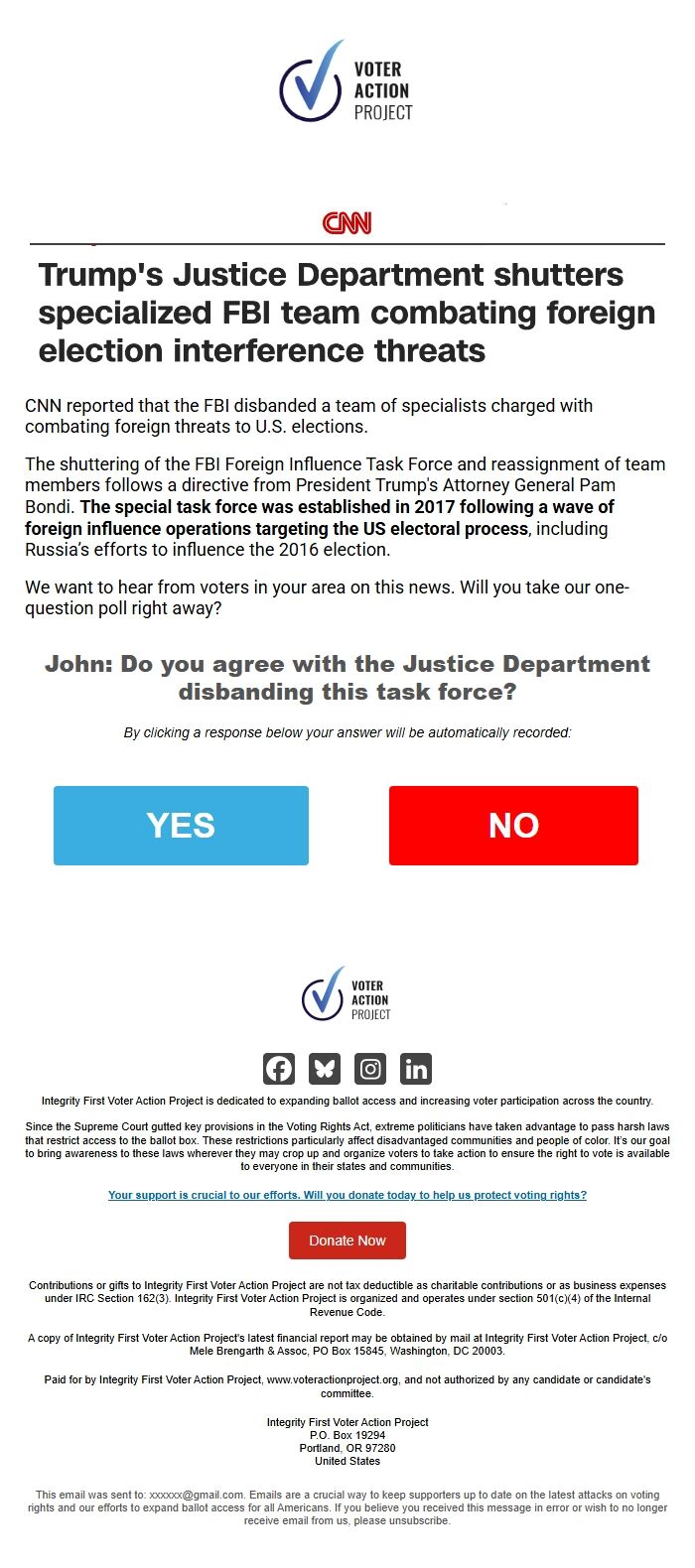 Screenshot of the email generated on import