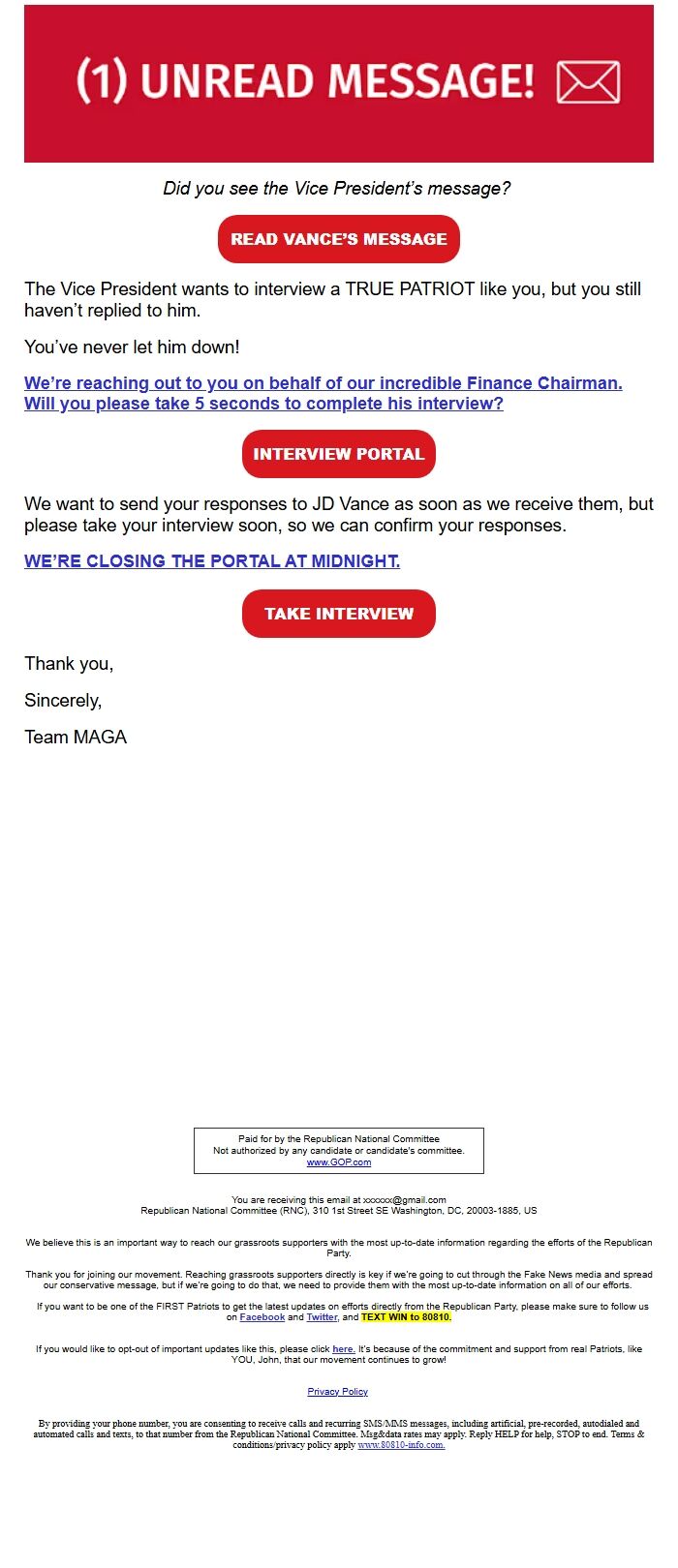 Screenshot of the email generated on import