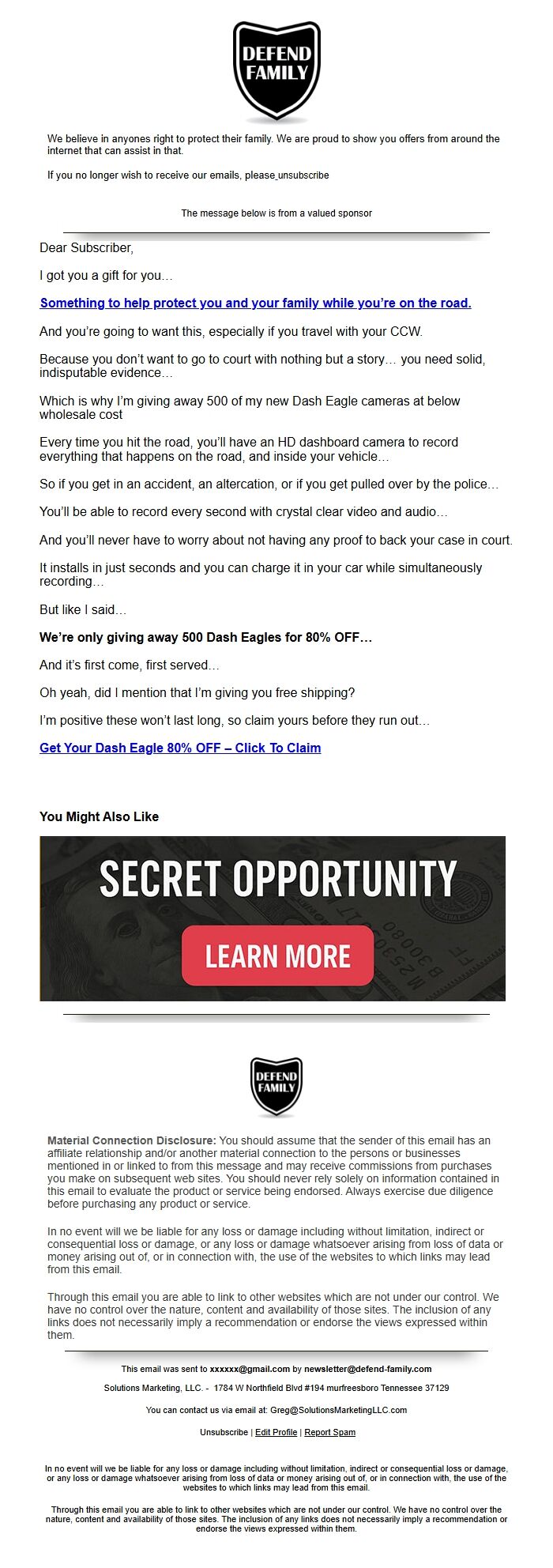 Screenshot of the email generated on import