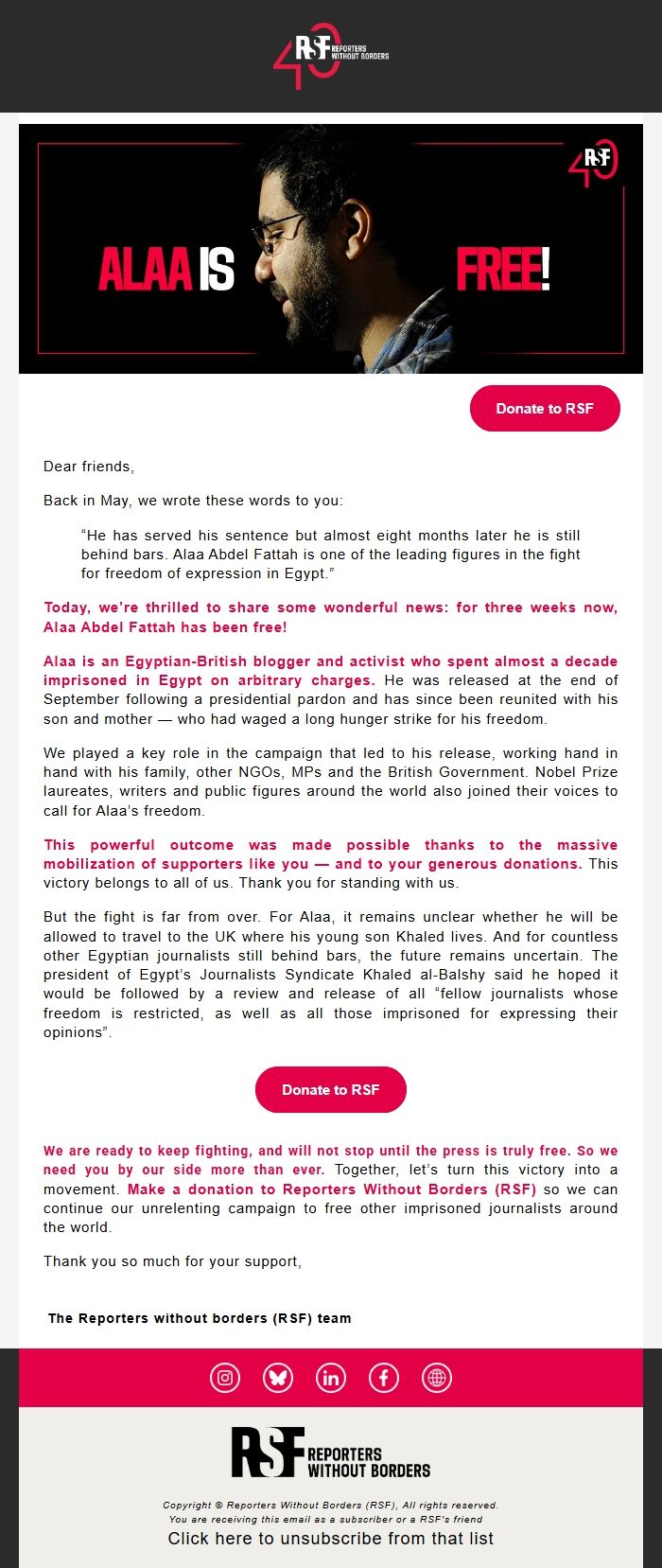 Screenshot of the email generated on import