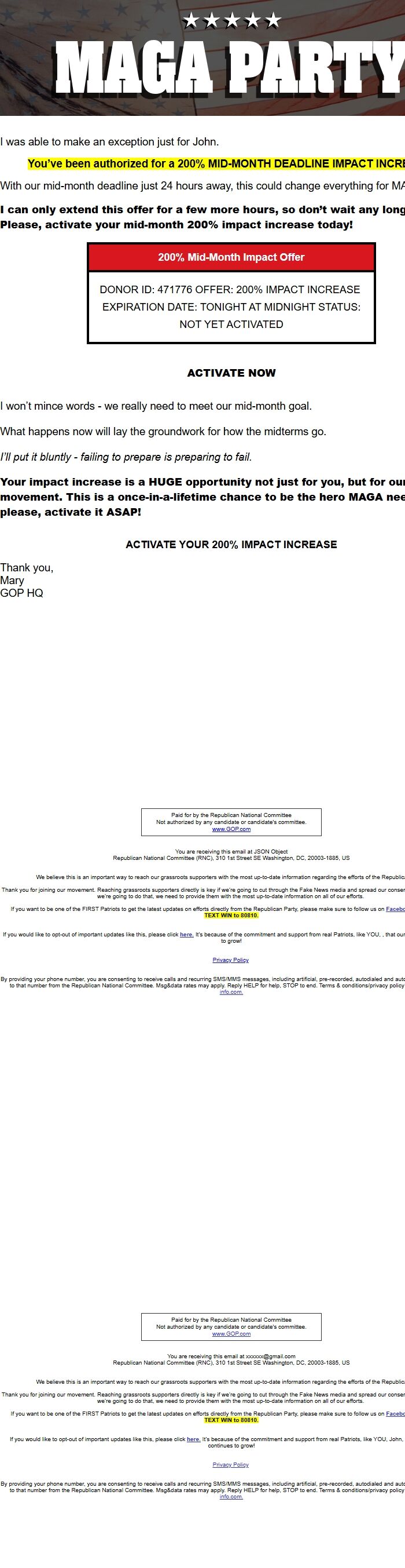 Screenshot of the email generated on import