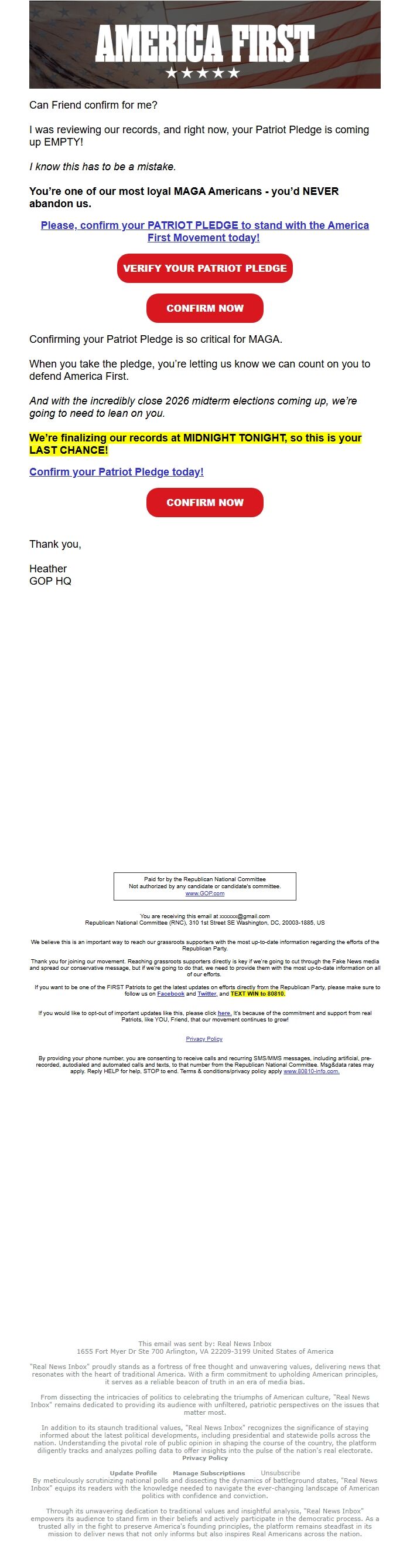 Screenshot of the email generated on import