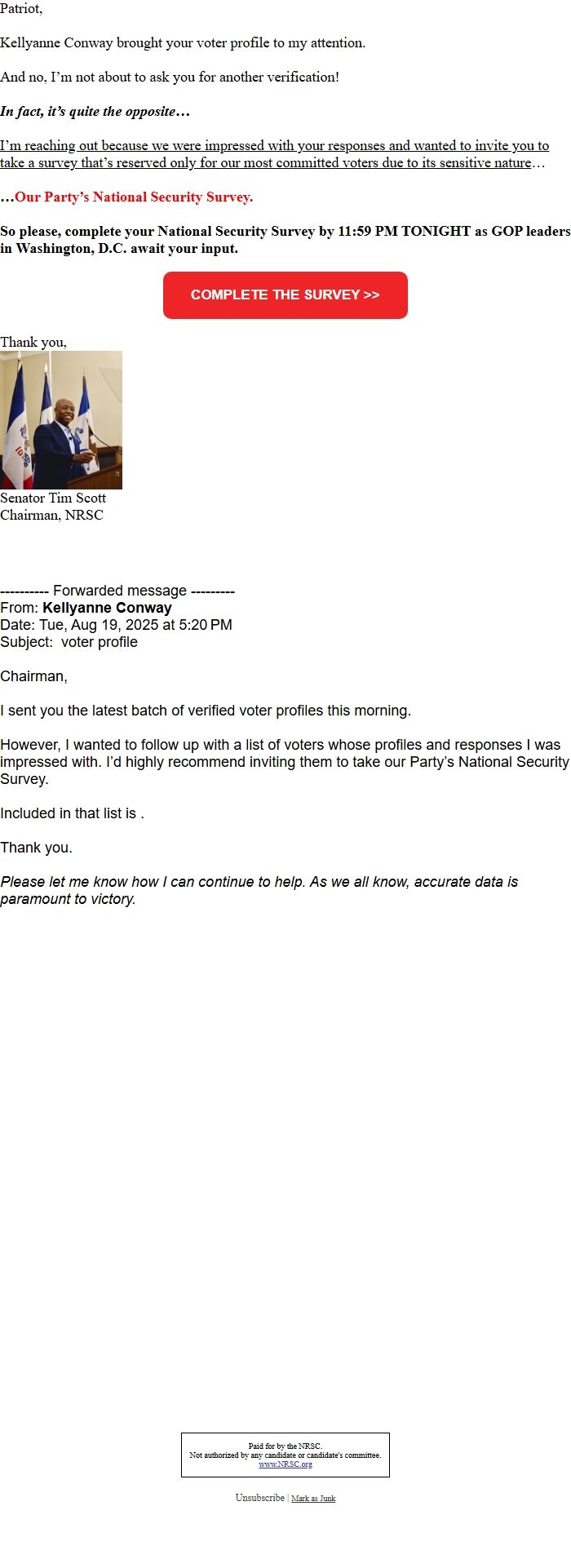 Screenshot of the email generated on import