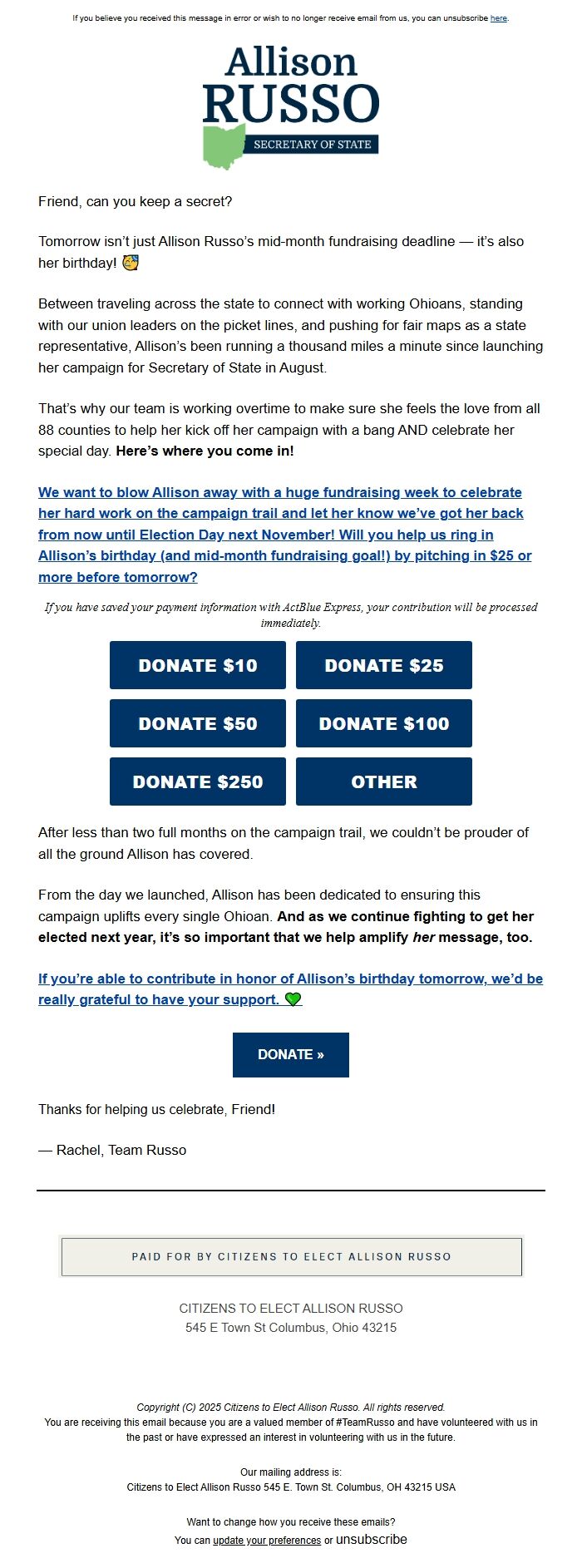 Screenshot of the email generated on import