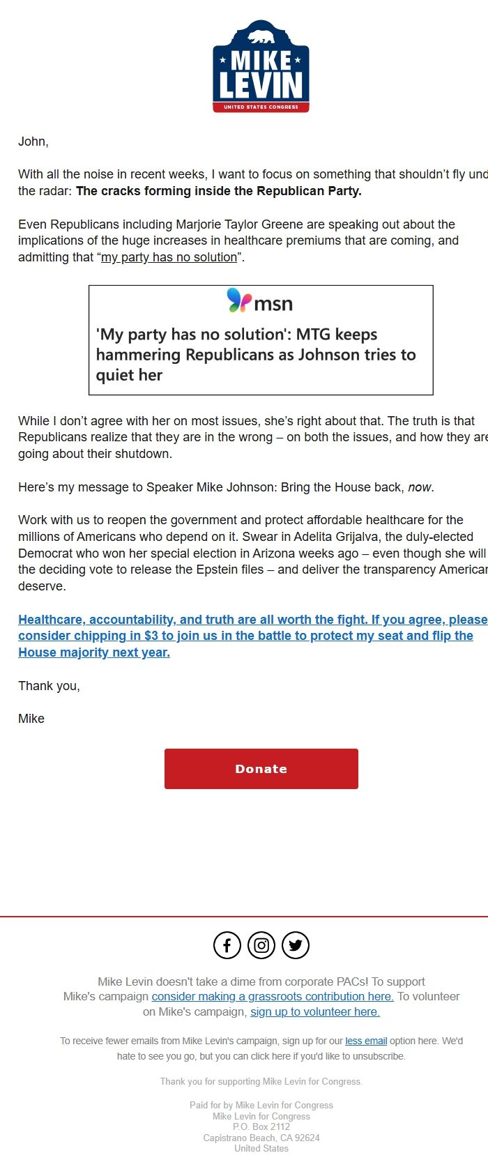 Screenshot of the email generated on import