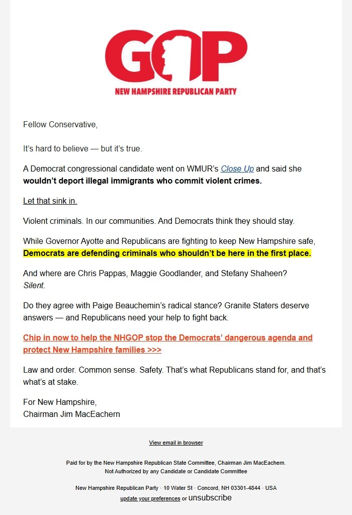 Screenshot of the email generated on import