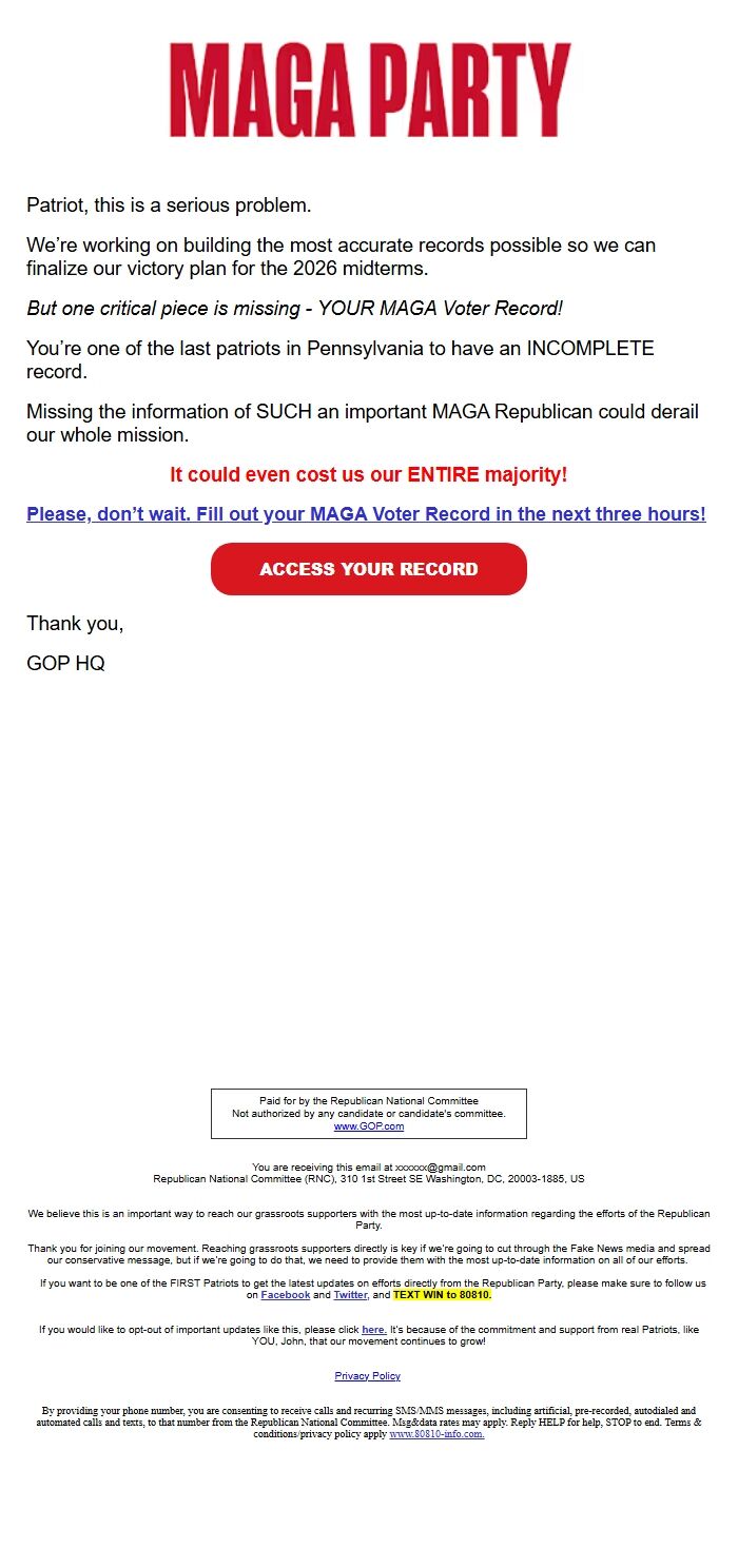 Screenshot of the email generated on import