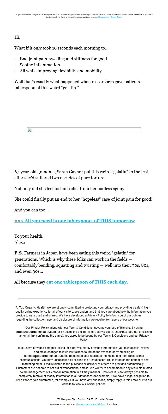Screenshot of the email generated on import