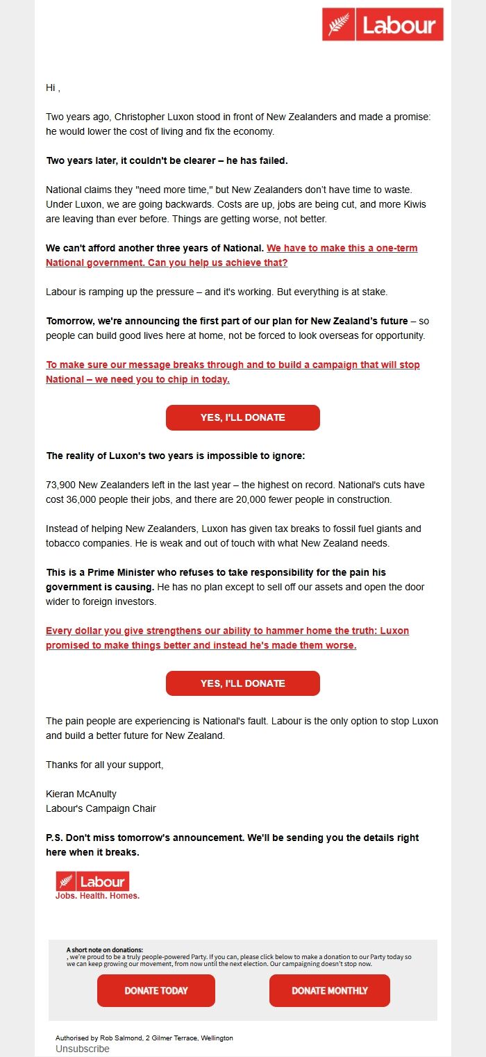 Screenshot of the email generated on import