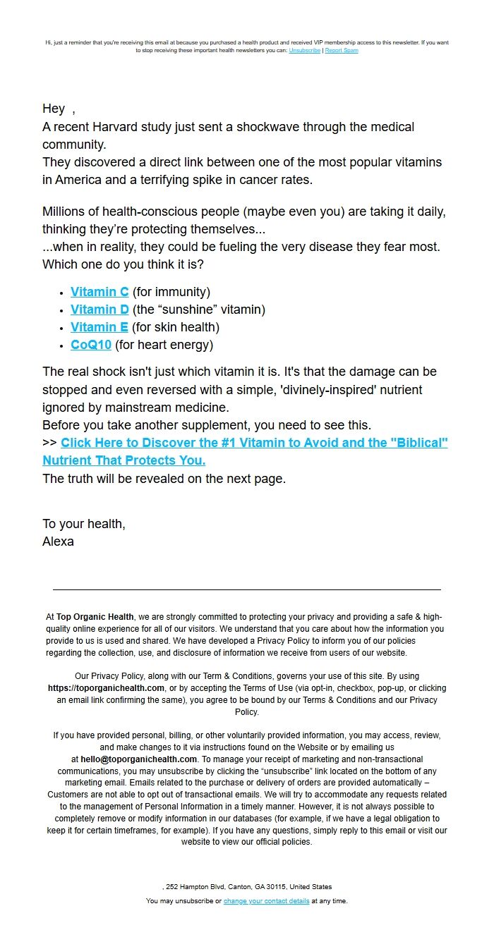Screenshot of the email generated on import